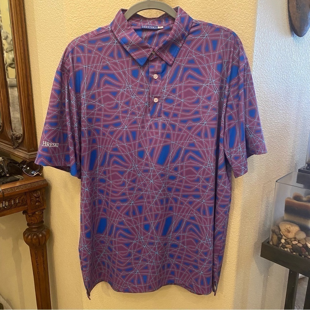 HRESKI Men Abstract Purple Lines Polo Golf Shirt Size XL